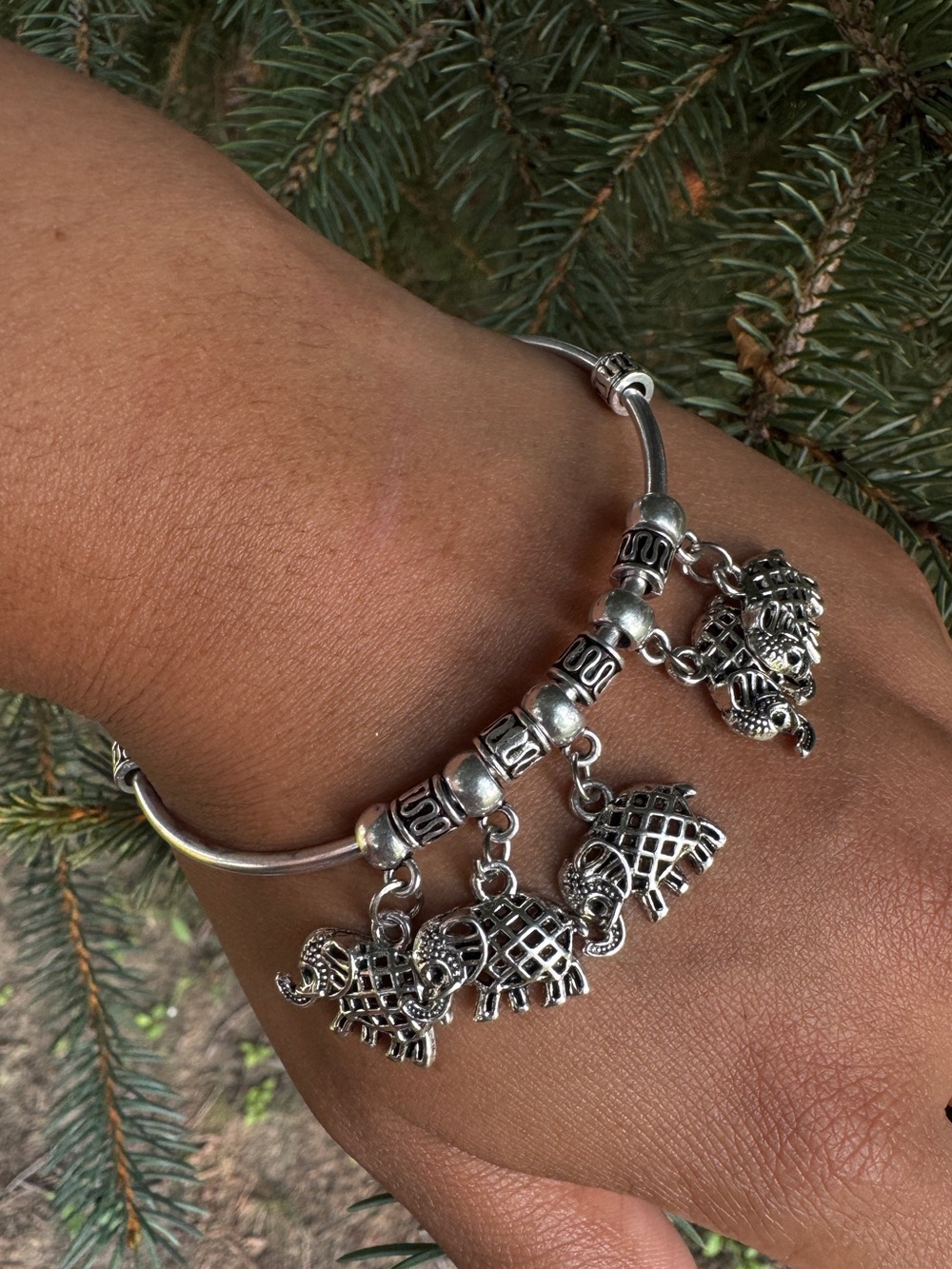 Silver Elephant Charm Bangle Bracelet - Women Jewelry